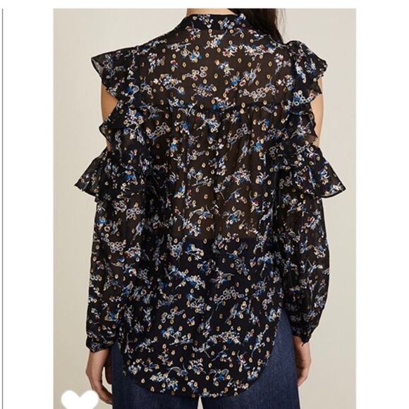 Veronica Beard Silk Metallic Floral Cold Shoulder Blouse-Size 2 - Picture 3 of 11